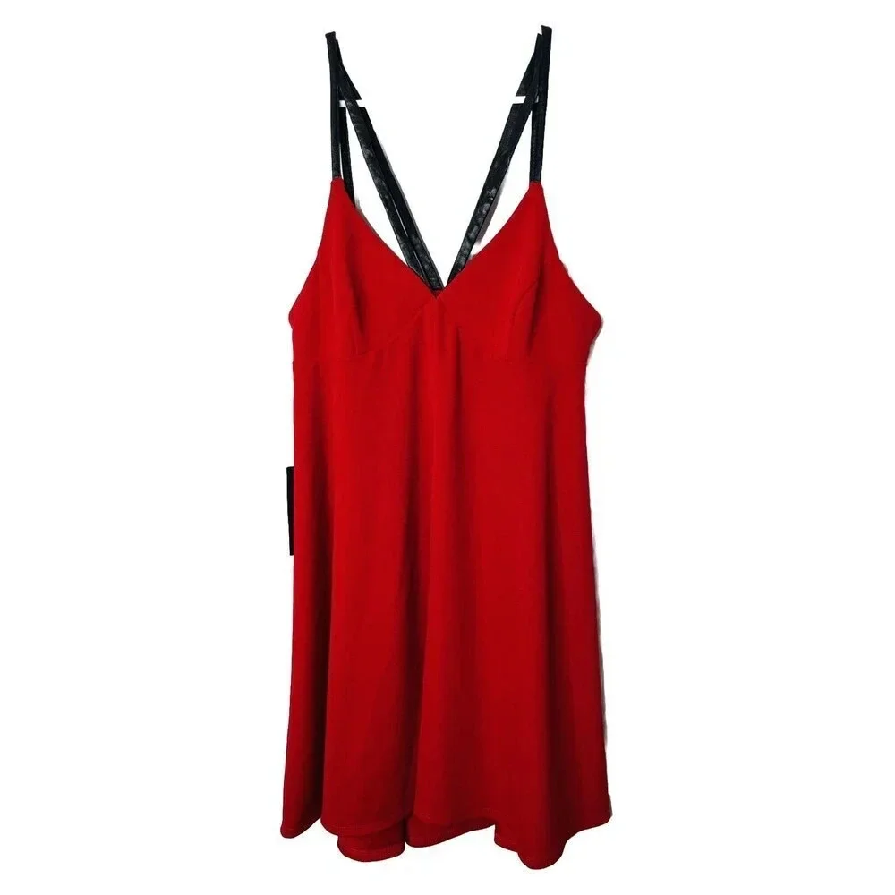 Marciano Strappy Mini Shift Dress Sz M Red Faux Leather Straps Stretch NEW READ